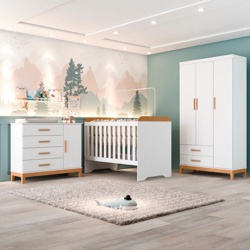 Quarto Bebê Completo Berço Americano 3Em1 Gabrielle Guarda Roupa 3 Portas Cômoda 4 Gavetas 1 Porta 100% MDF