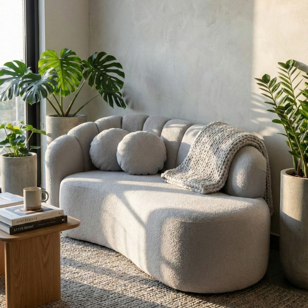 Sofá Curvo 3 Lugares Orgânico Confortável Serena Boucle Cinza Claro - Montanari`s Decor