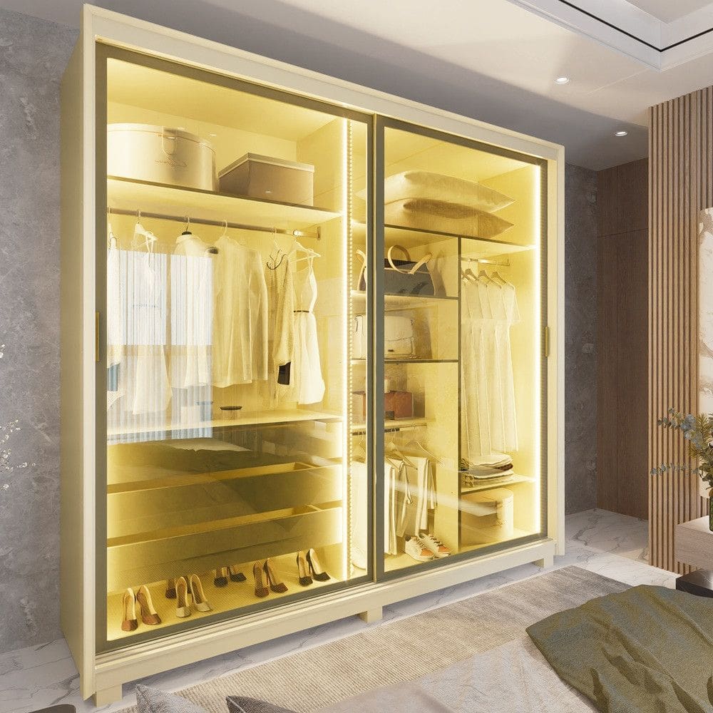 Guarda Roupa Casal com LED e Vidro Reflecta 2 Portas de Correr com Pes MDF Platinum Gelius