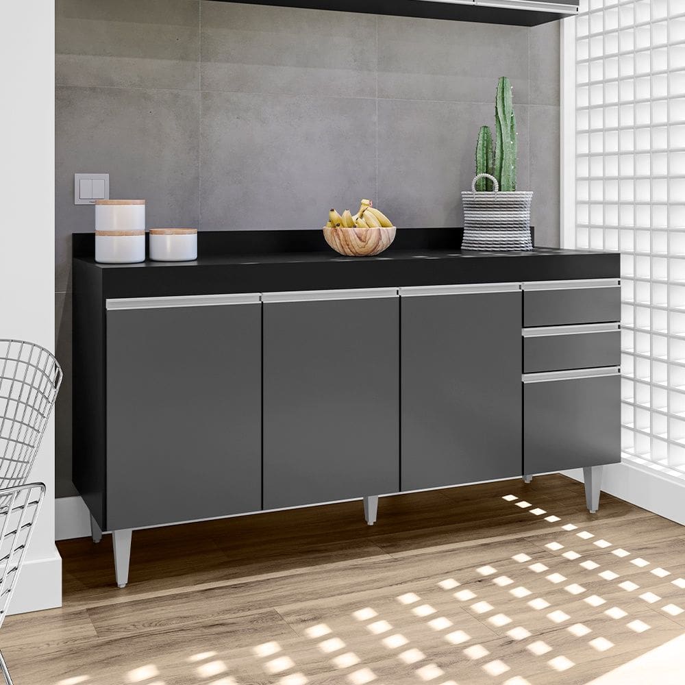 Balcão Lorena com Tampo 160cm 4 Portas 2 Gavetas Preto Grafite Maderatto Móveis
