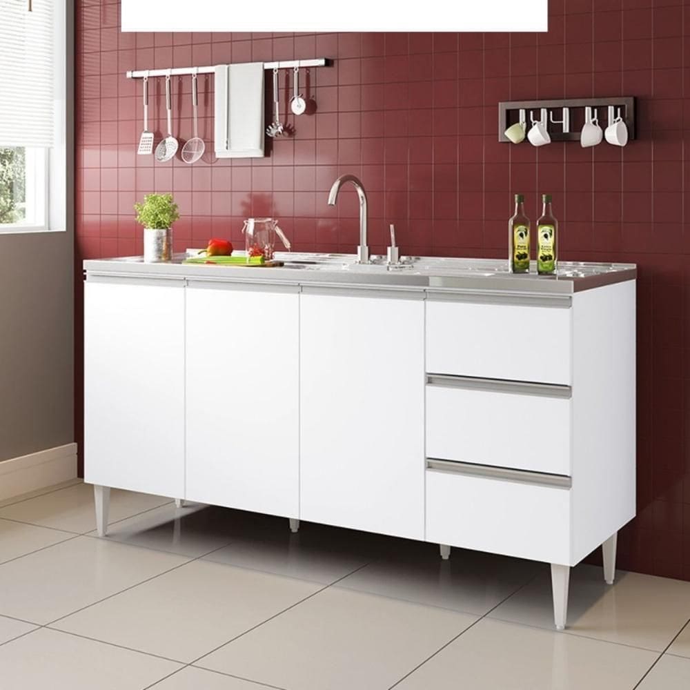 Balcão Recife 1,60 Mt - 3 Gavetas 3 Portas Branco