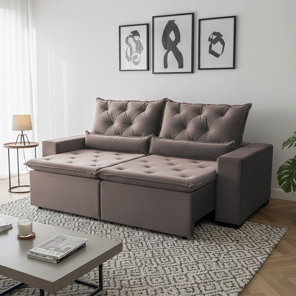 Sofá Retrátil Confort Master Suede 150m Reclinável 2 Módulos e Acabamento Sofisticado Milão Bege
