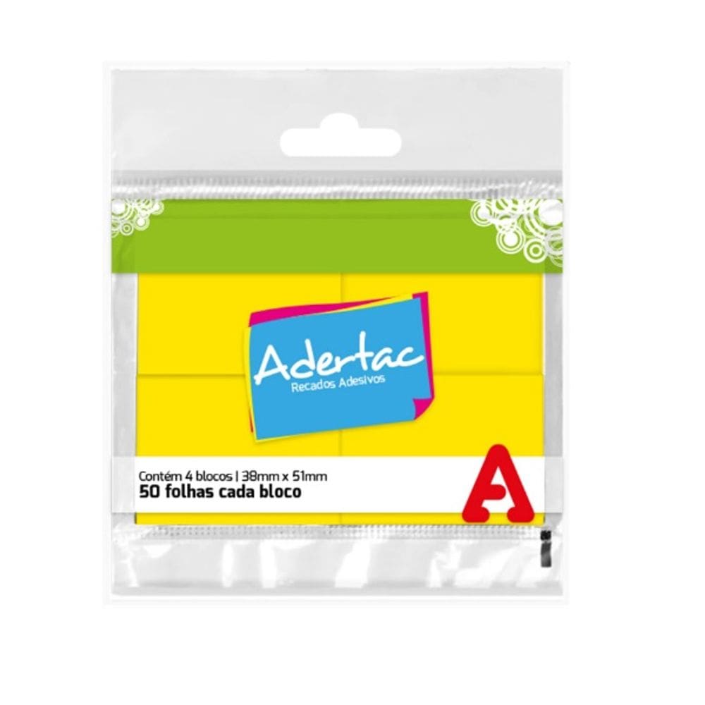 Bloco de Notas Adesivo Adertac Amarelo Neon 38MM X 51MM 4 Blocos de 50 Folhas