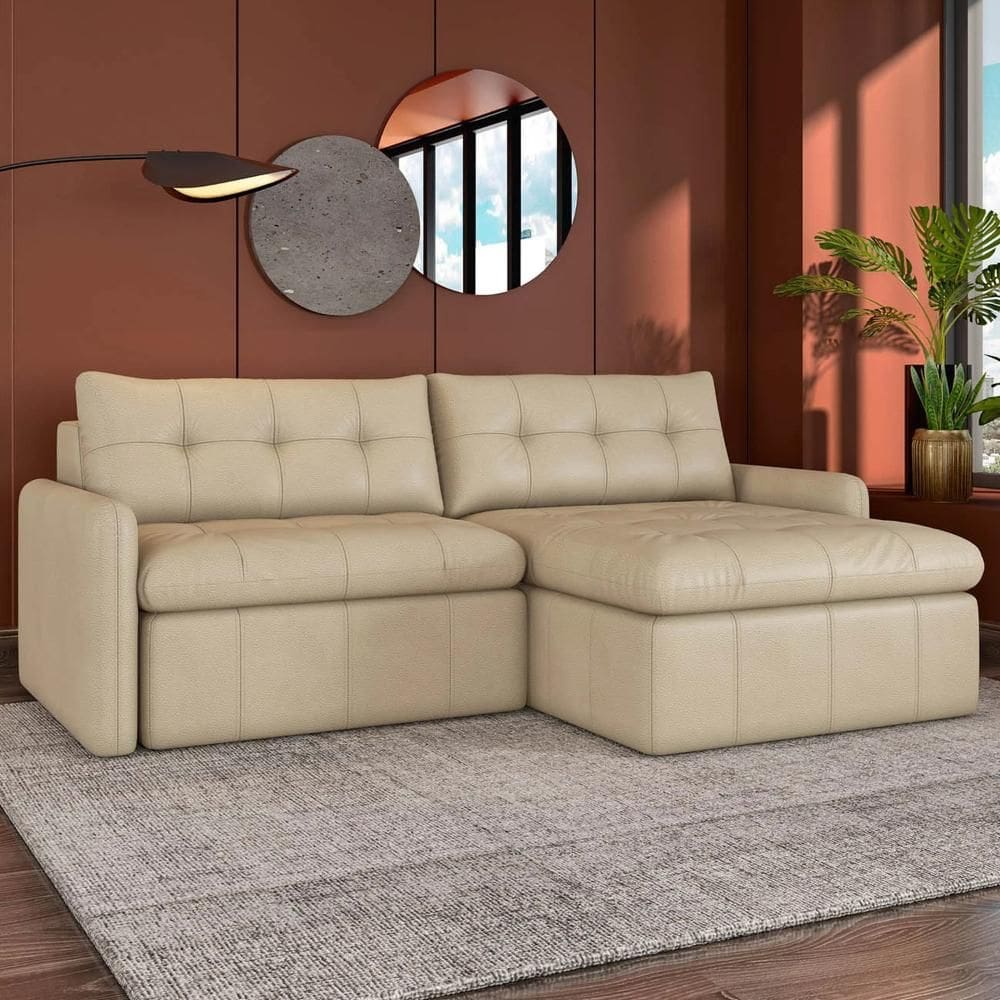 Sofá Retrátil 4 Lugares para Sala 264cm Elios Couro Bege Z55 - Mpozenato