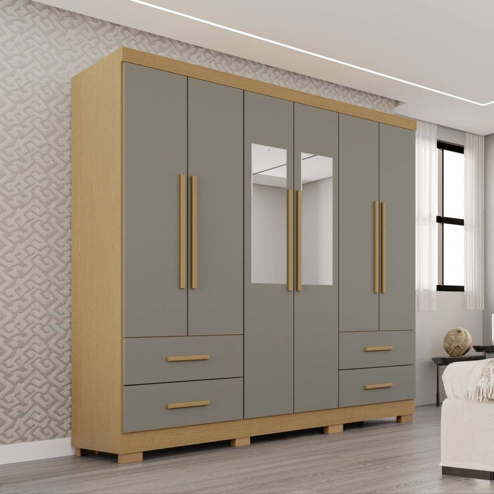 Guarda-roupa Casal com Pés e Espelho 6 Portas 4 Gavetas Texas Premium Jequitibá/Granizo