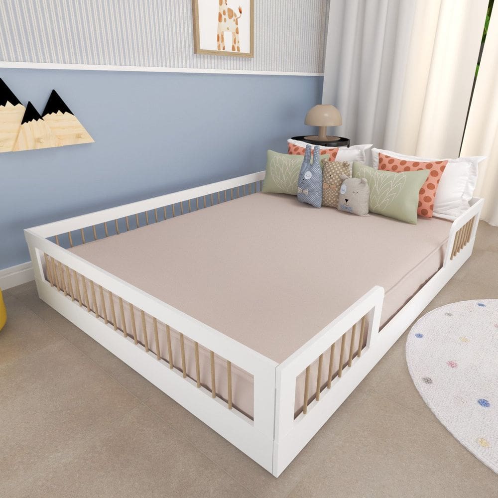 Cama Infantil Montessoriana Casal com Grades em Pinus Lume Branco