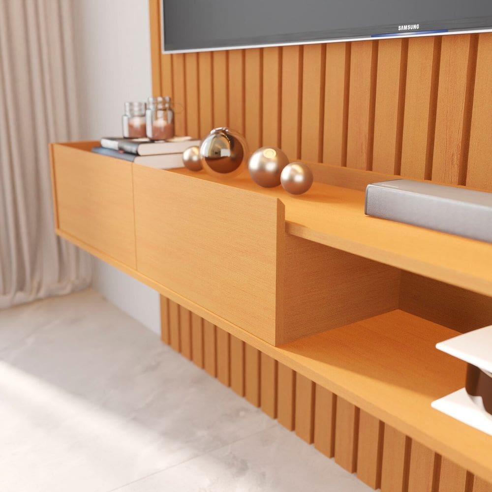 Painel Ripado para Tv 84 Polegadas com Nicho e Prateleira com Led Vitoria Regia Marrom