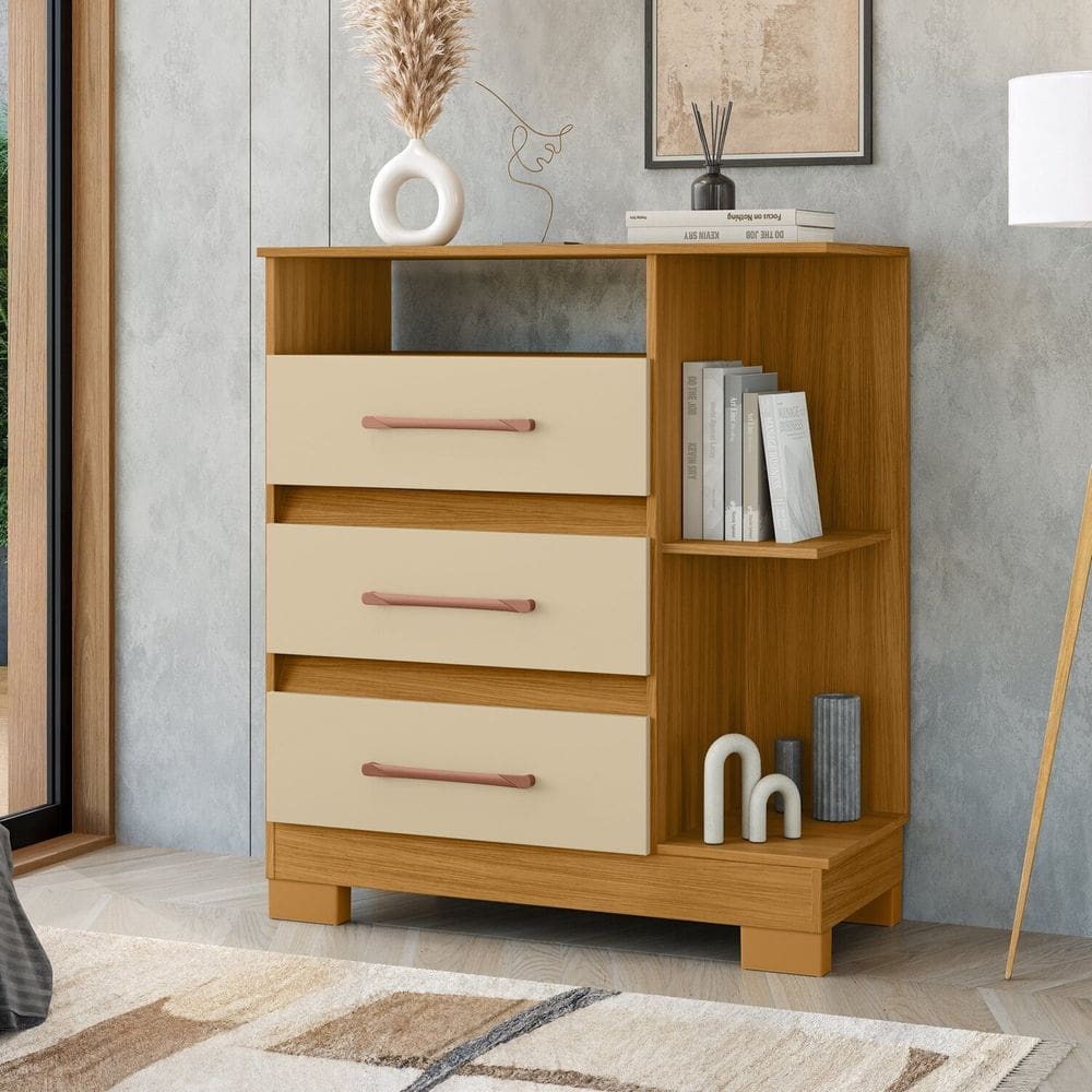 Cômoda para Quarto 3 Gavetas com Nicho Saint Carvalho Americano/Off White