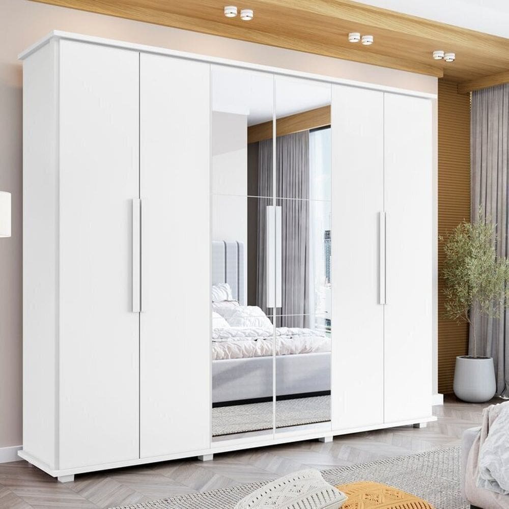 Guarda-roupa Casal com Espelho 6 Portas com 4 Gavetas Internas Canadá Branco