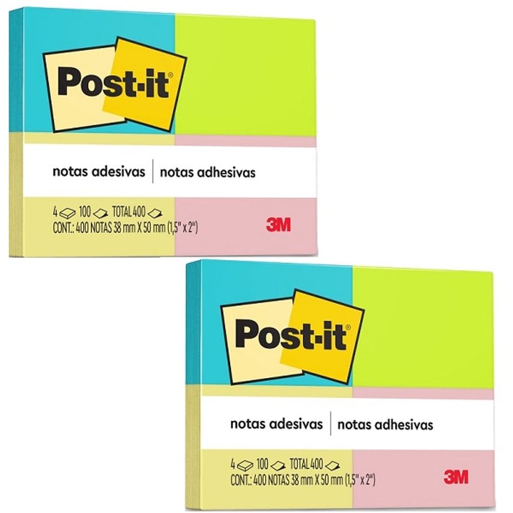 Kit com 2 POST-IT 653 Neon 4 Cores 38MM X 50MM 3M