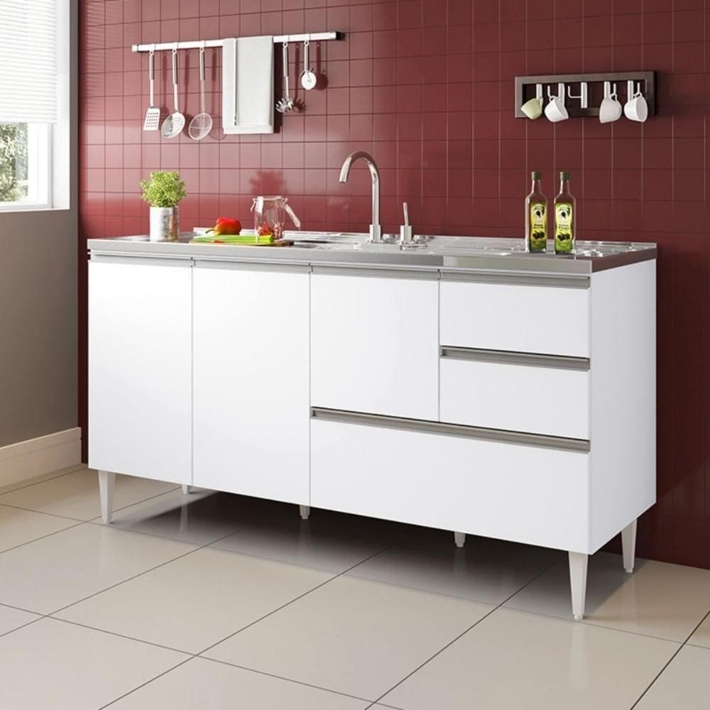 Balcão Maceió Para Pia 1,50 3 Portas Com Gavetão Branco