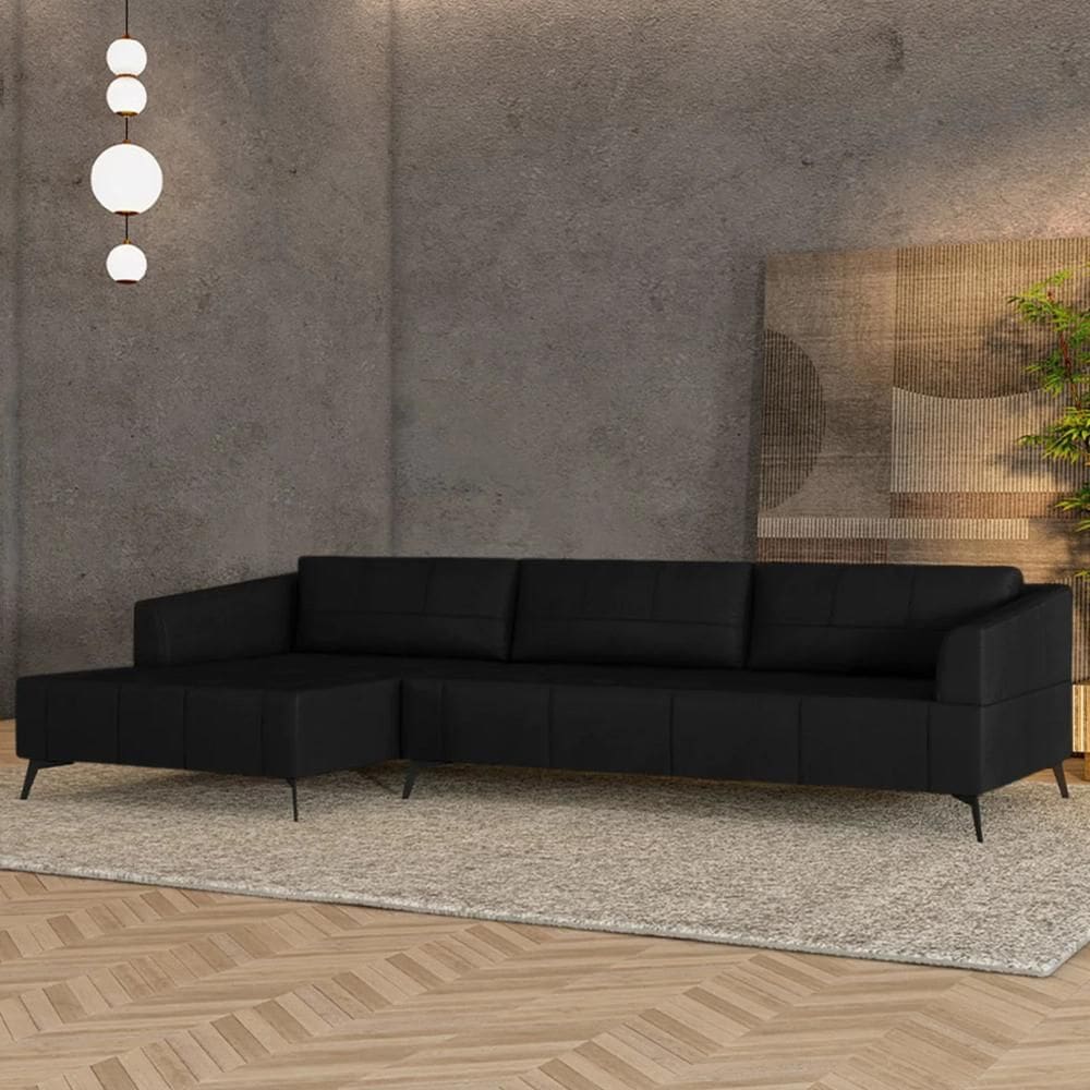 Sofá 5 Lugares 326cm com Chaise Esquerdo Eko Couro Preto Z55 - Mpozenato