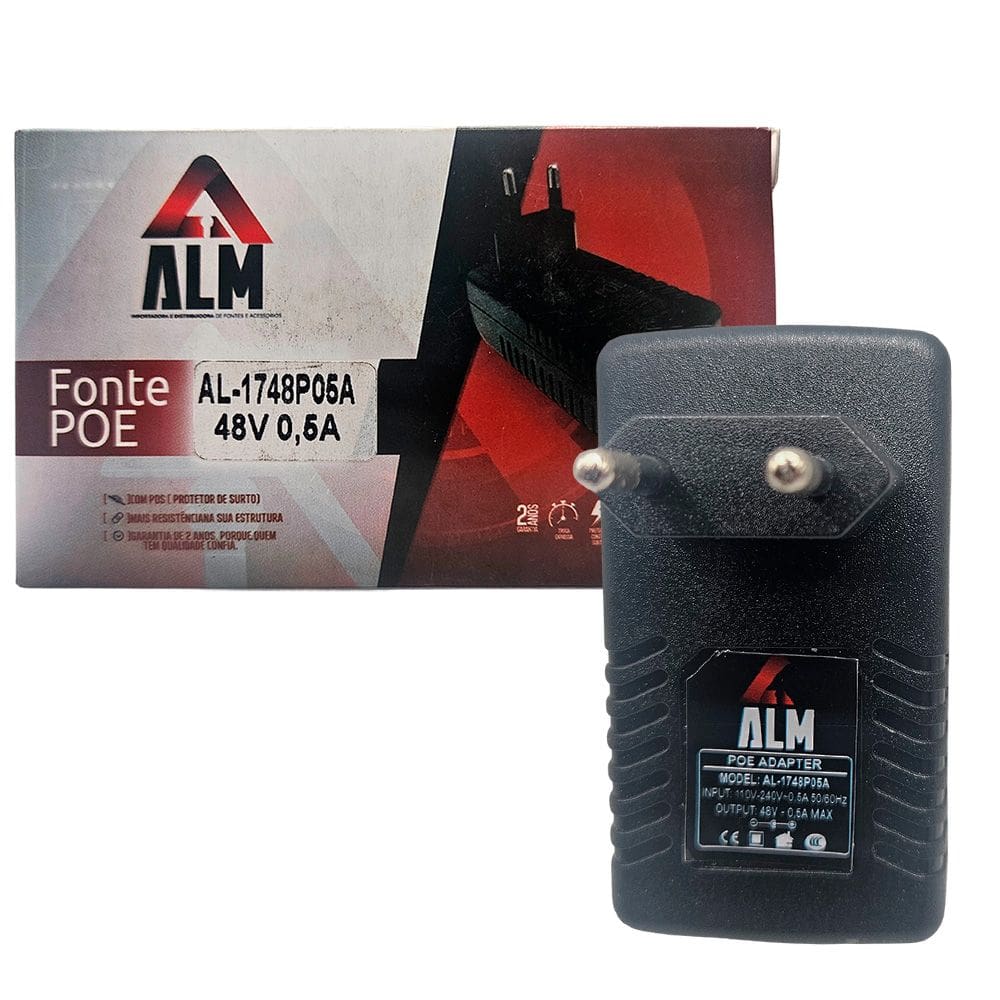 Fonte Injetor POE Ethernet 48V 0.5A, Padrão Passivo, Conector RJ45 ALM - AL-1748P05A