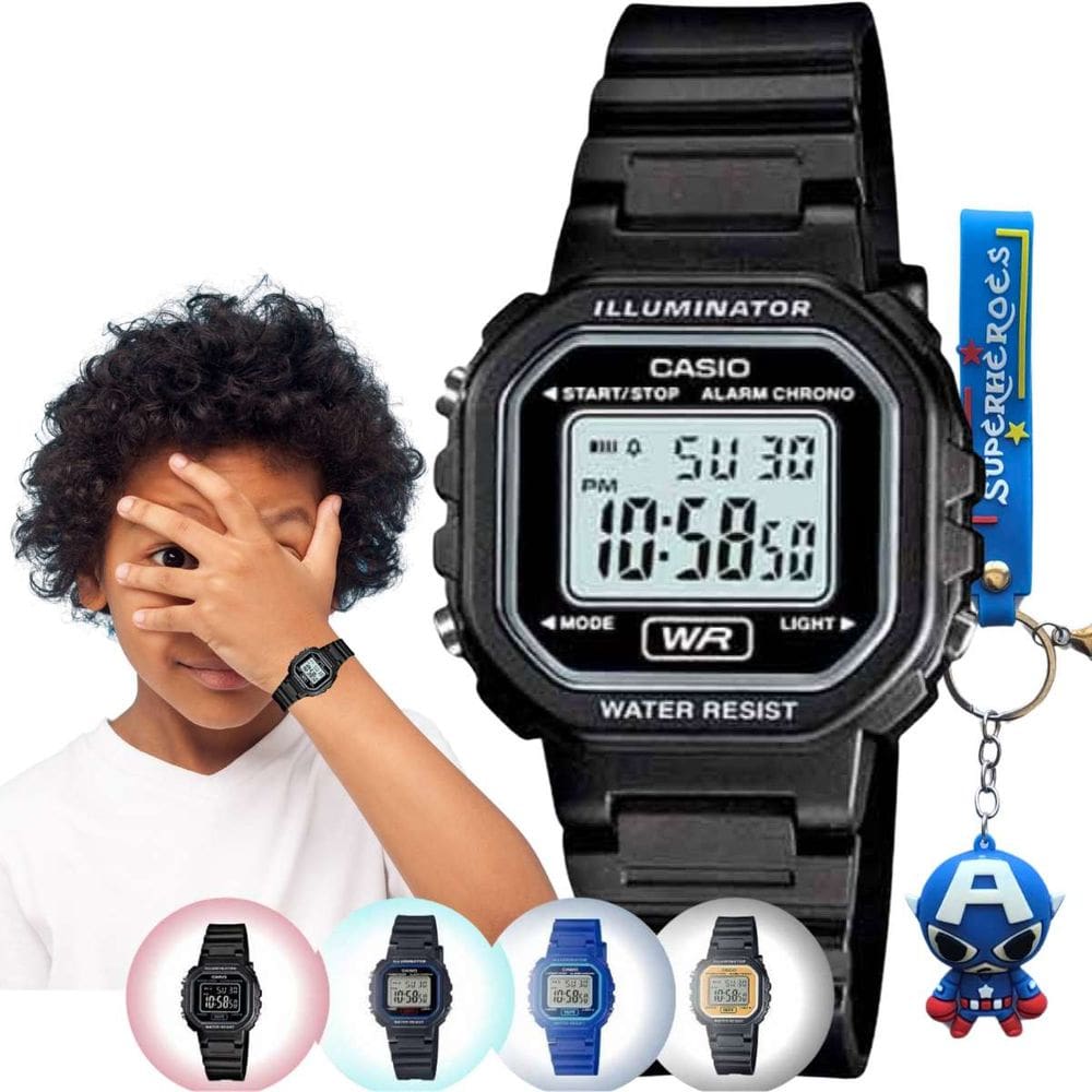 Kit Relógio de Pulso Casio Infantil Digital Resistente Água LA-20WH + Chaveiro Personagens