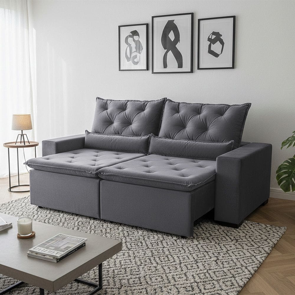 Sofá Retrátil Design Cinza 150m Conforto Reforçado Suede Deluxe Reclinável 2 Módulos Milão Cinza