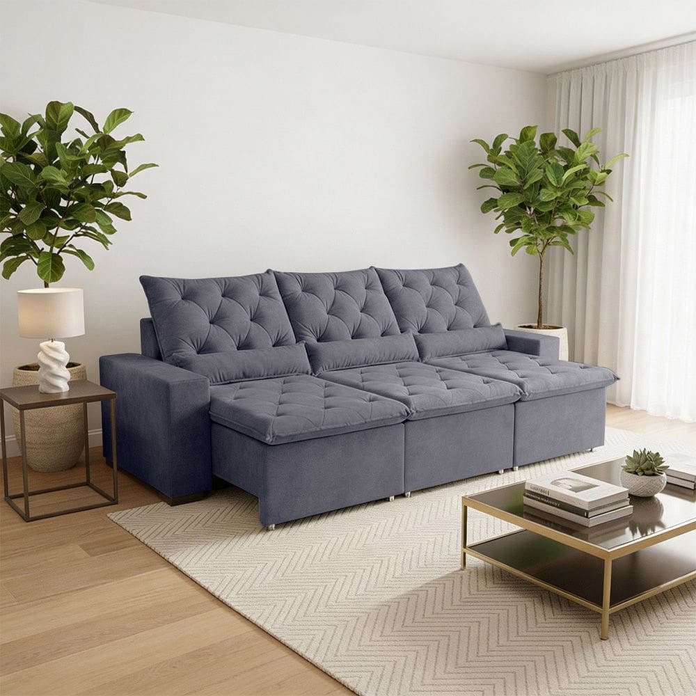 Sofá Retrátil 3l 210m Suede Macio com Sistema e Encosto Relax Milão Cinza