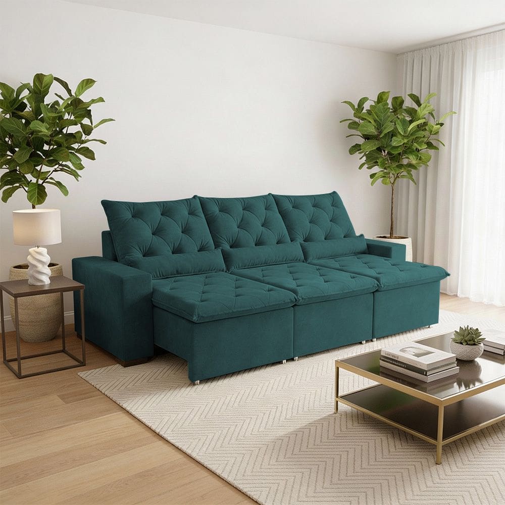 Sofá Retrátil Premium Line 230m Suede Macio Conforto Reforçado e Reclinável de 3 Lugares Milão Verde