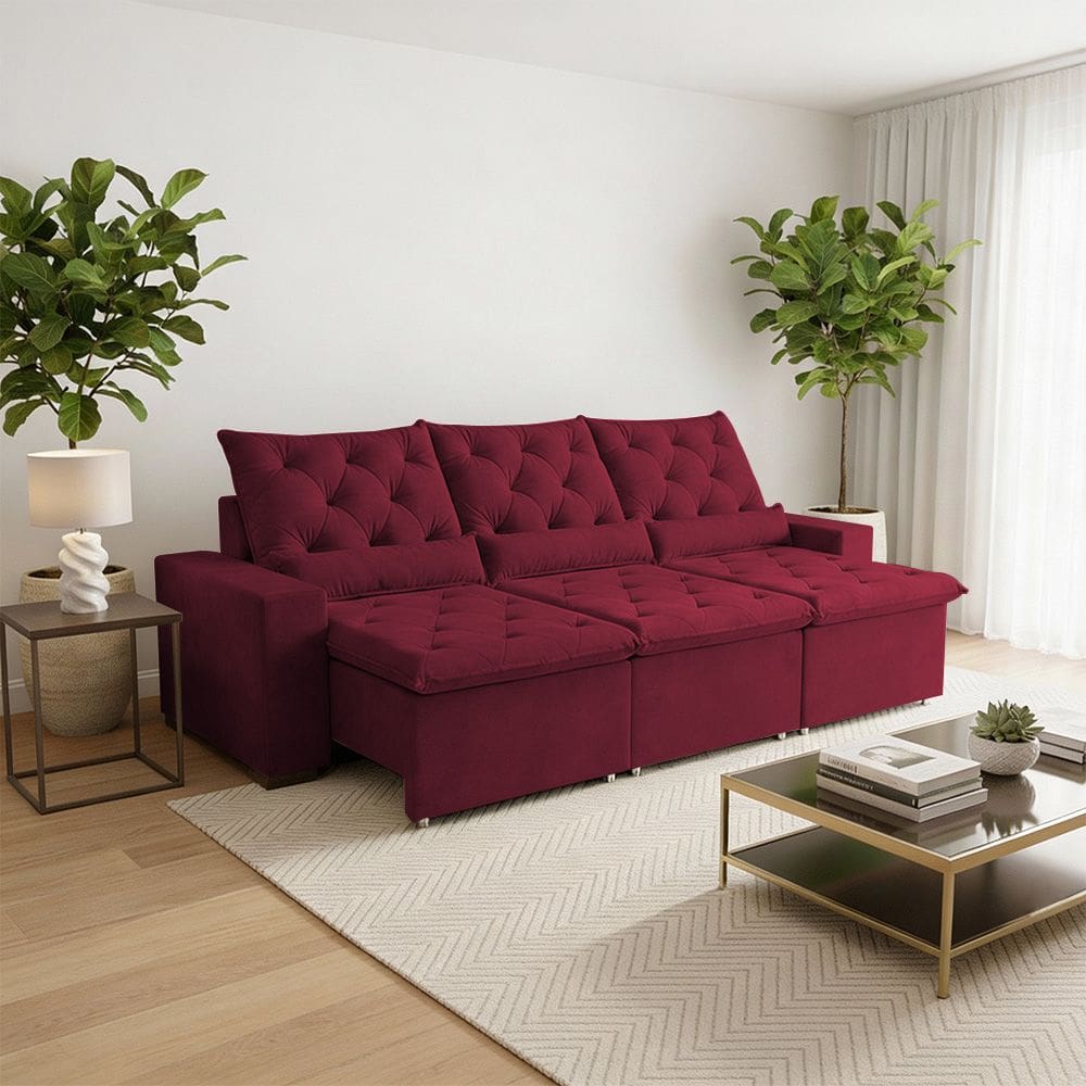 Sofá Retrátil 230m 3 Lugares em Suede com Estrutura Reclinável de Alto Padrão Milão Vermelho