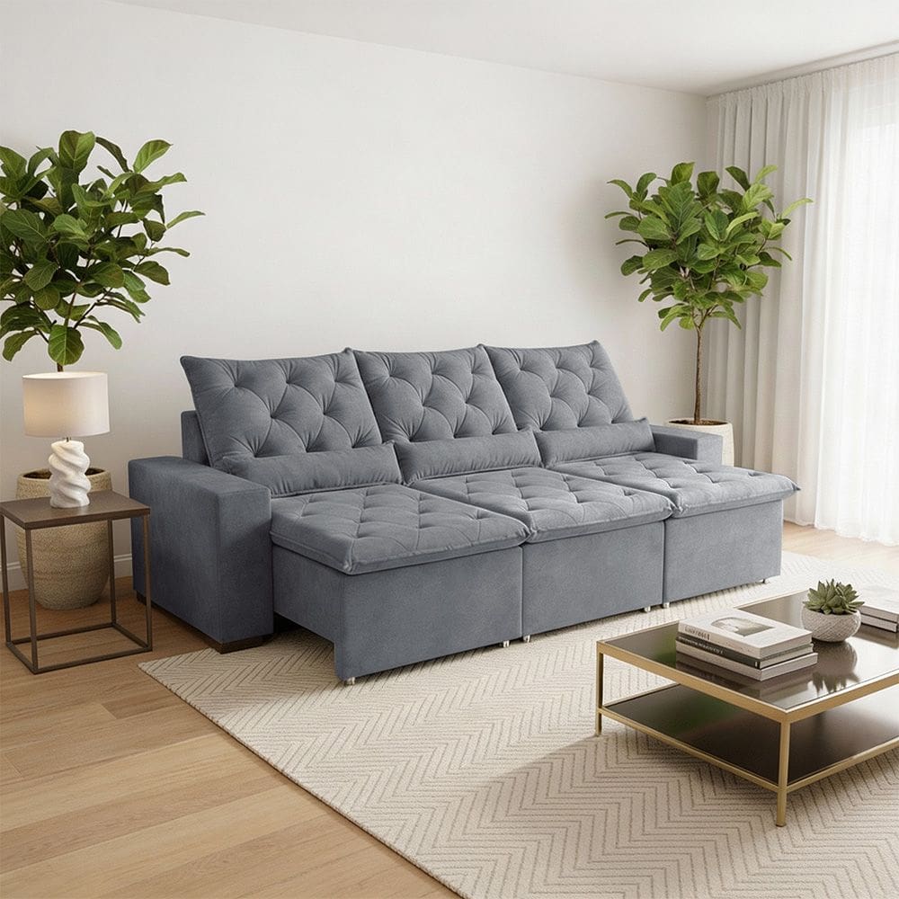 Sofá Retrátil 250m 3 Lugares Reclinável Suede Refinado Milão Cinza Claro