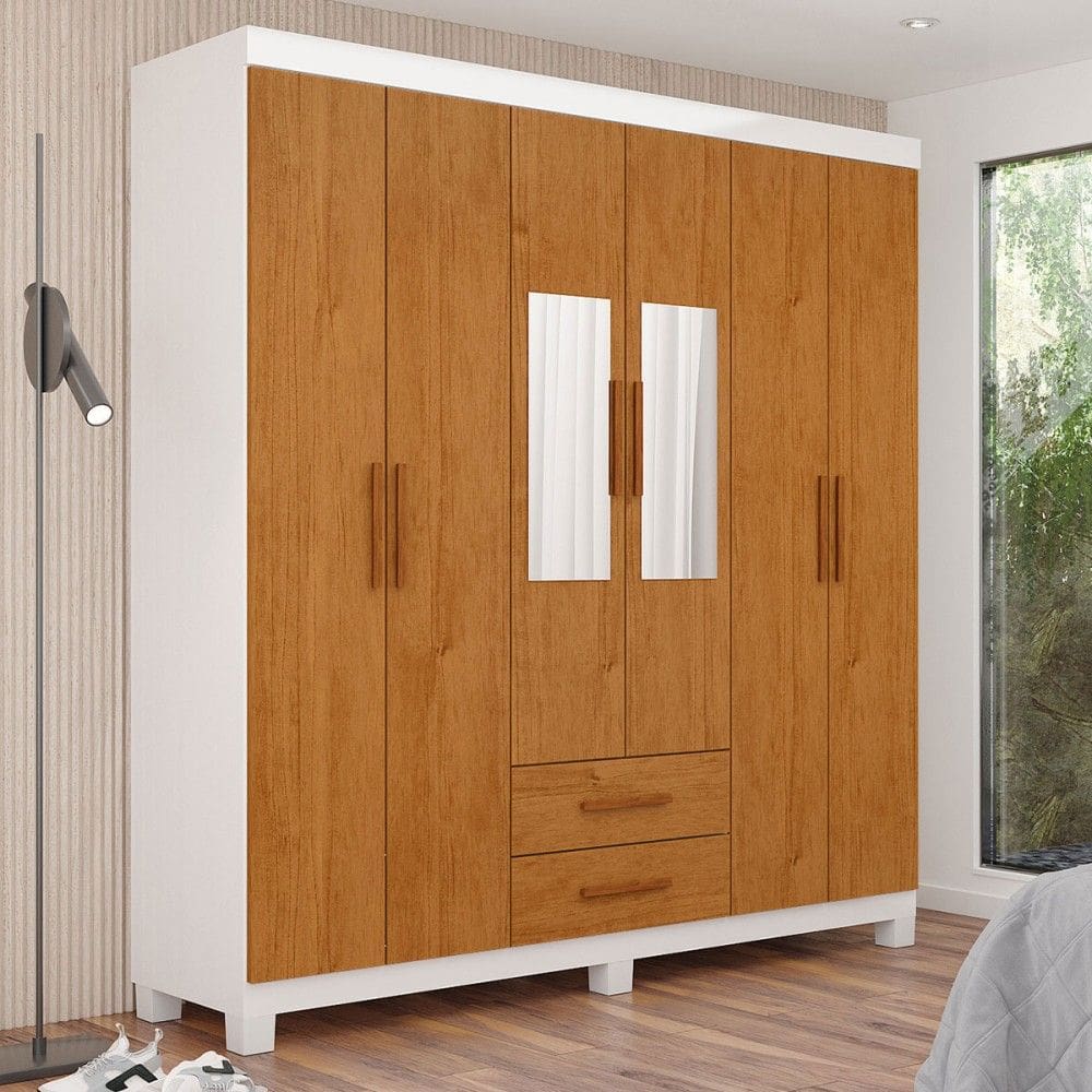 Guarda-Roupa Solteiro Regalle 6 Portas 2 Gavetas com Pés e Espelho Branco/Cinamomo - Pnr Móveis