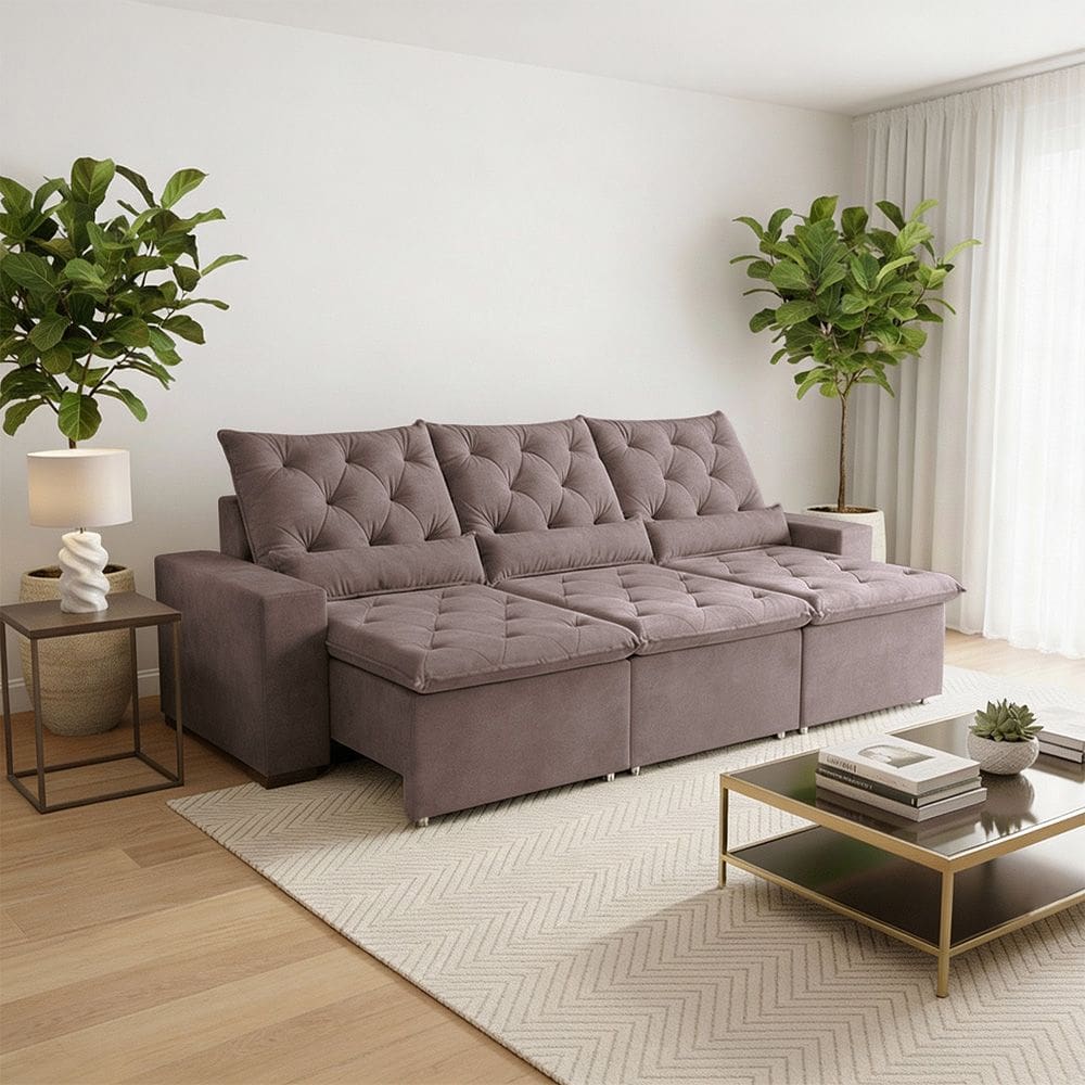 Sofá Retrátil 2.10m 3 Lugares em Suede com Assento e Encosto Relax Ultra Reforçado Milão Bege