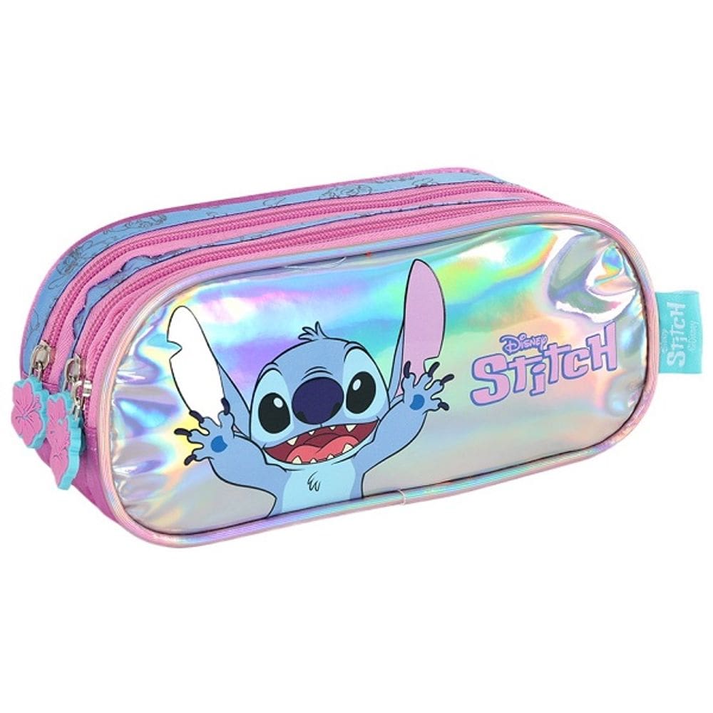 Estojo Triplo Escolar STITCH Holografico Roxo Luxcel
