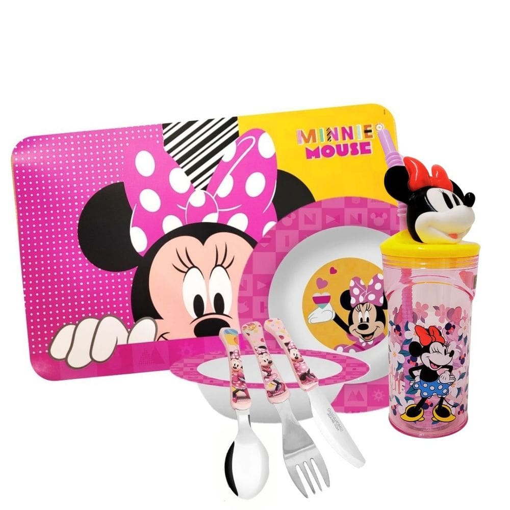 Kit Refeição Infantil Minnie 7 Peças Melamina Prato, Tigela, Copo, Lugar Americano e Talheres
