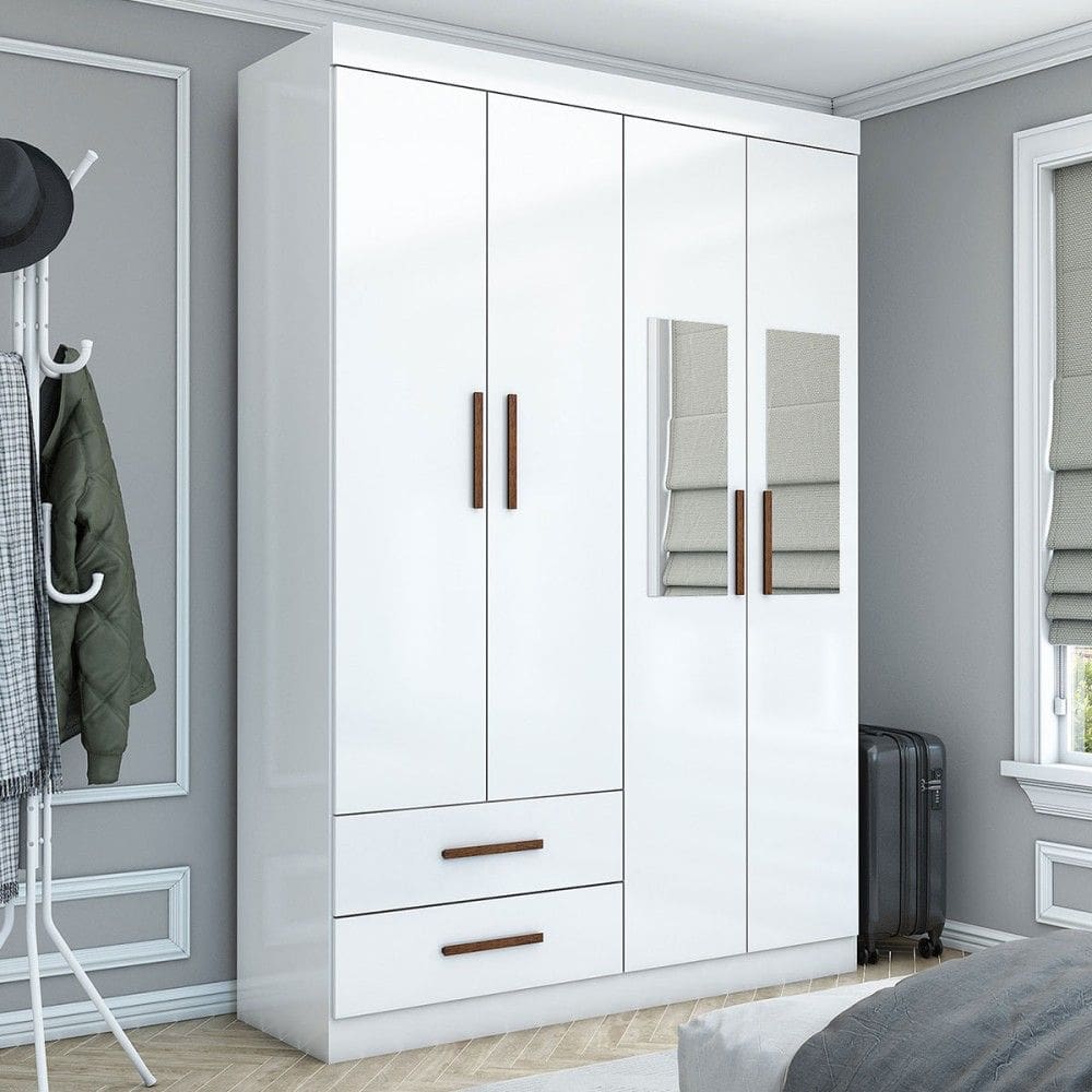 Guarda-Roupa Solteiro Solo 4 Portas 2 Gavetas com Espelho Branco - Pnr Móveis