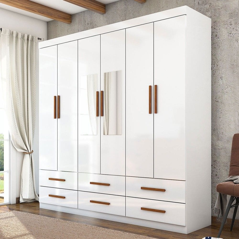 Guarda-Roupa Solteiro Aria 6 Portas 6 Gavetas com Espelho Branco - Pnr Móveis