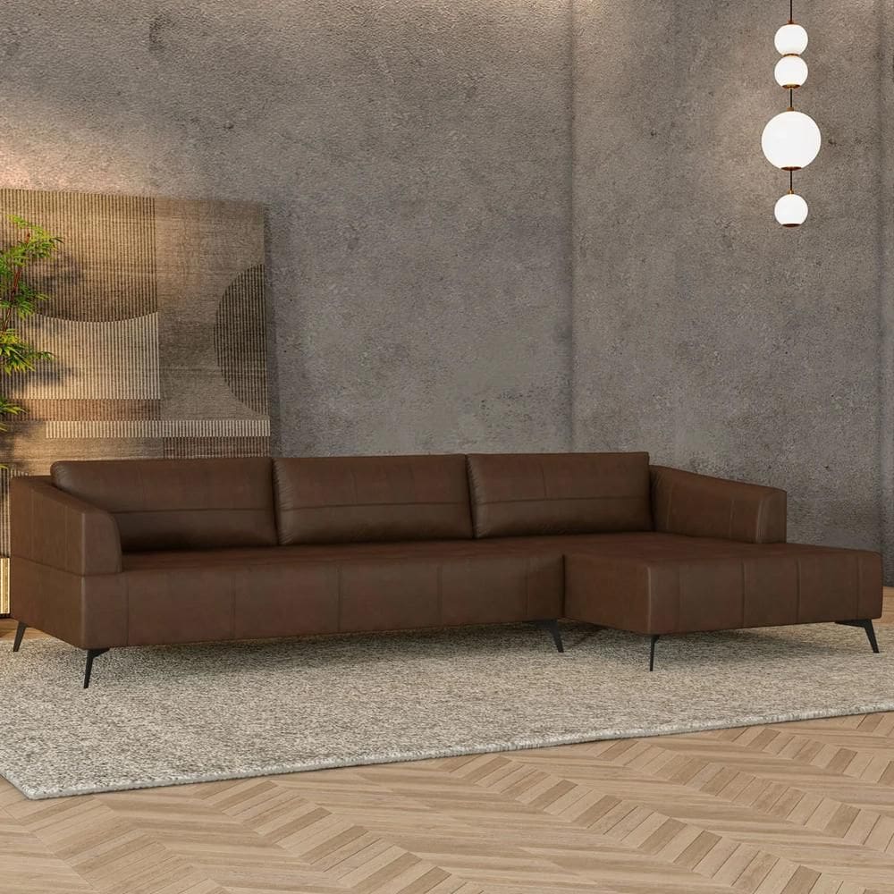 Sofá 4 Lugares 286cm com Chaise Direito Eko Couro Caramelo Z55 - Mpozenato