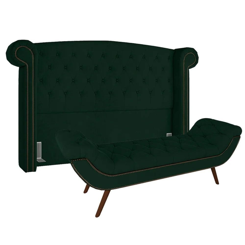 Cabeceira Cama Box Casal 140cm Provença com Calçadeira Vêneto Z37 Veludo Verde Musgo - Mpozenato