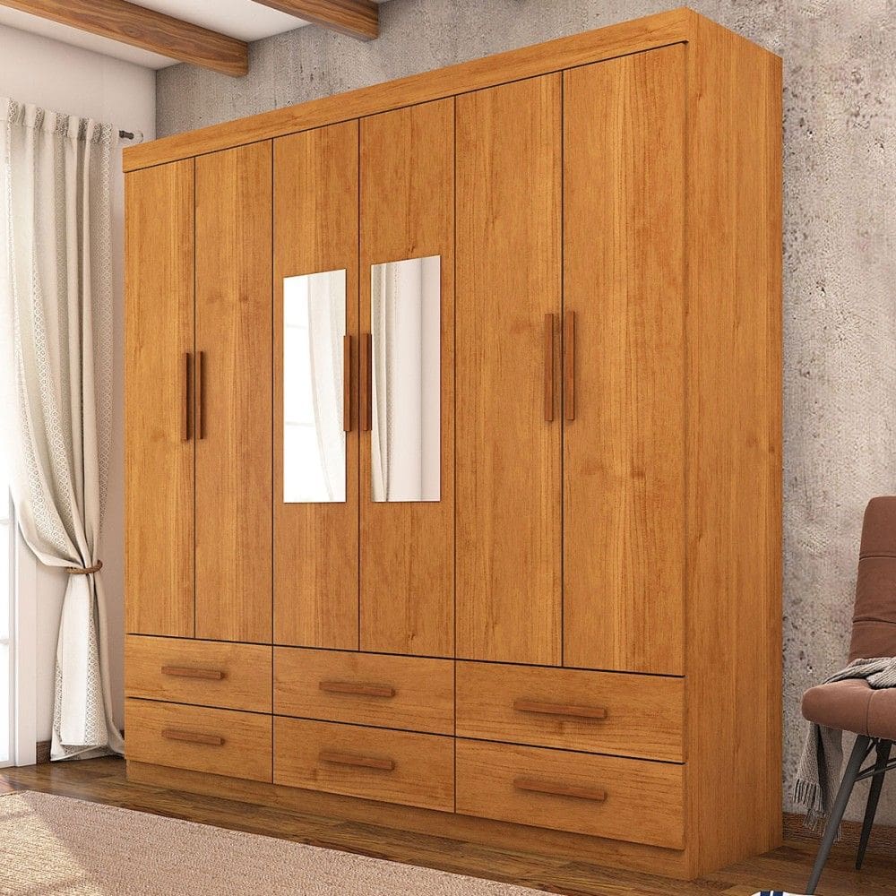 Guarda-Roupa Solteiro Aria 6 Portas 6 Gavetas com Espelho Cinamomo - Pnr Móveis