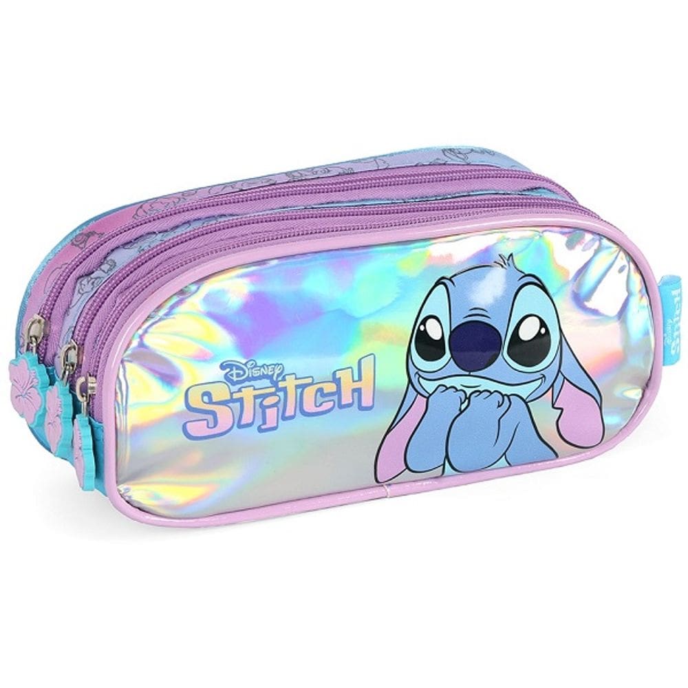 Estojo Triplo Escolar STITCH Holografico Azul Luxcel
