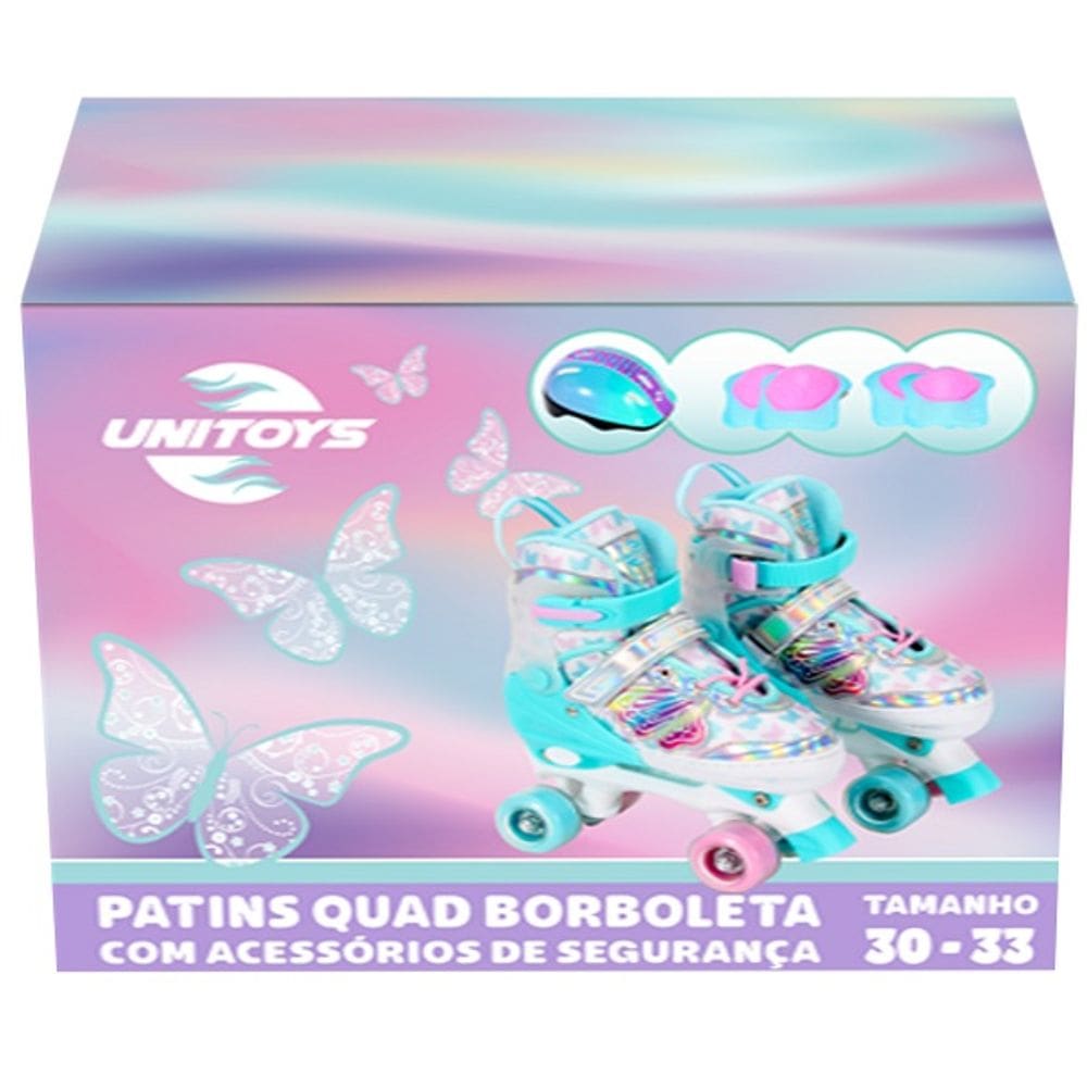 Patins Feminino Roller Infantil Azul Borboleta KIT Proteção Unitoys TAM 30-33