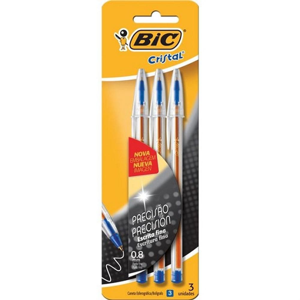 Caneta BIC Cristal Precisão Fina 0.8MM Azul Cartela C/ 03 UN