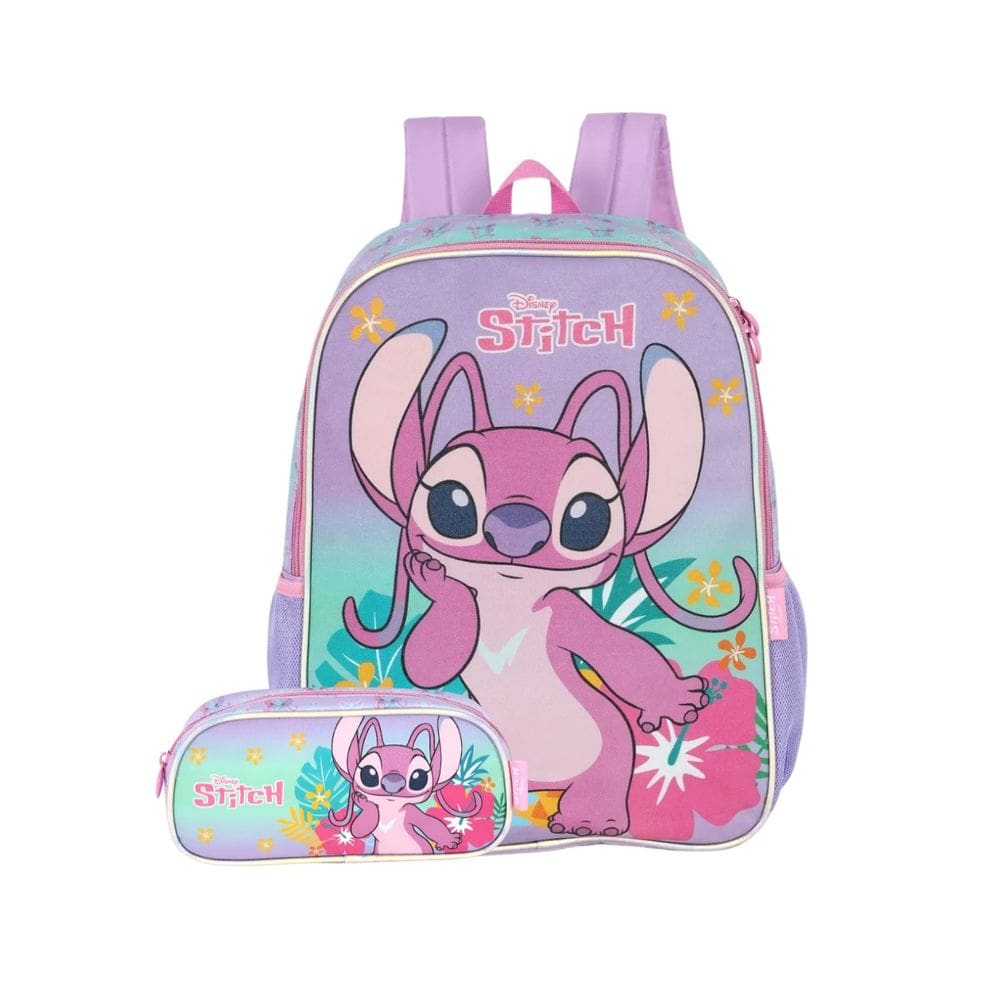 Mochila Estojo Angel & Stitch Glitter Disney Meninas Escolar