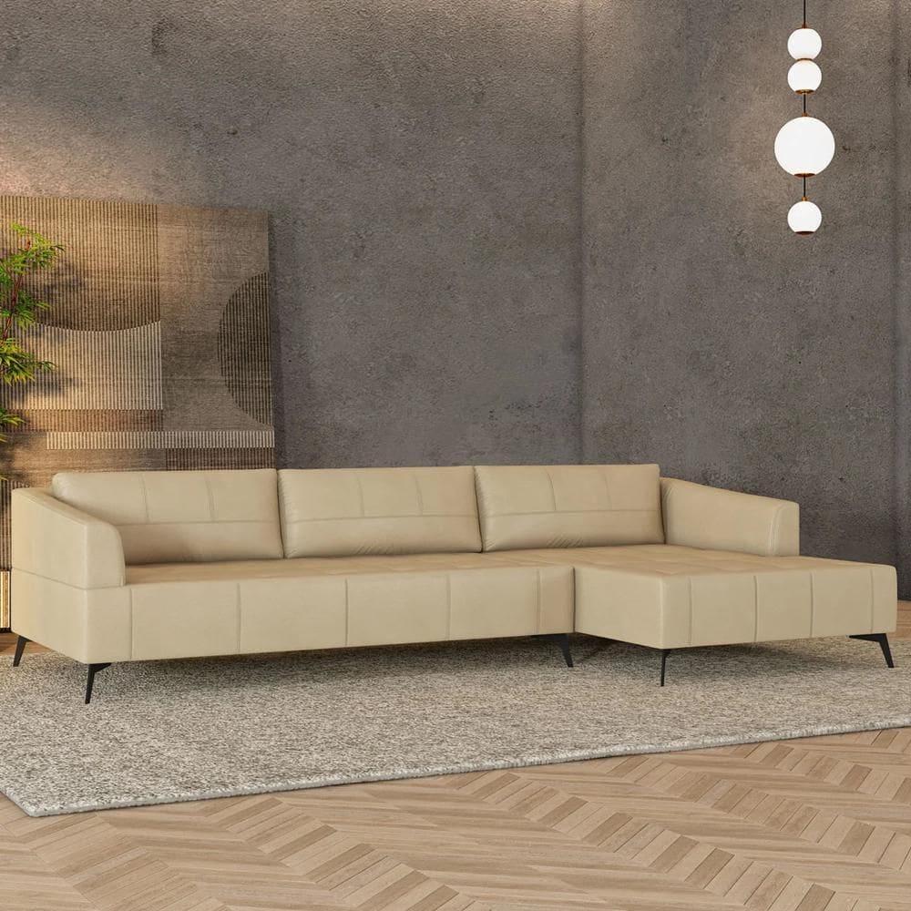Sofá 4 Lugares 286cm com Chaise Direito Eko Couro Bege Z55 - Mpozenato