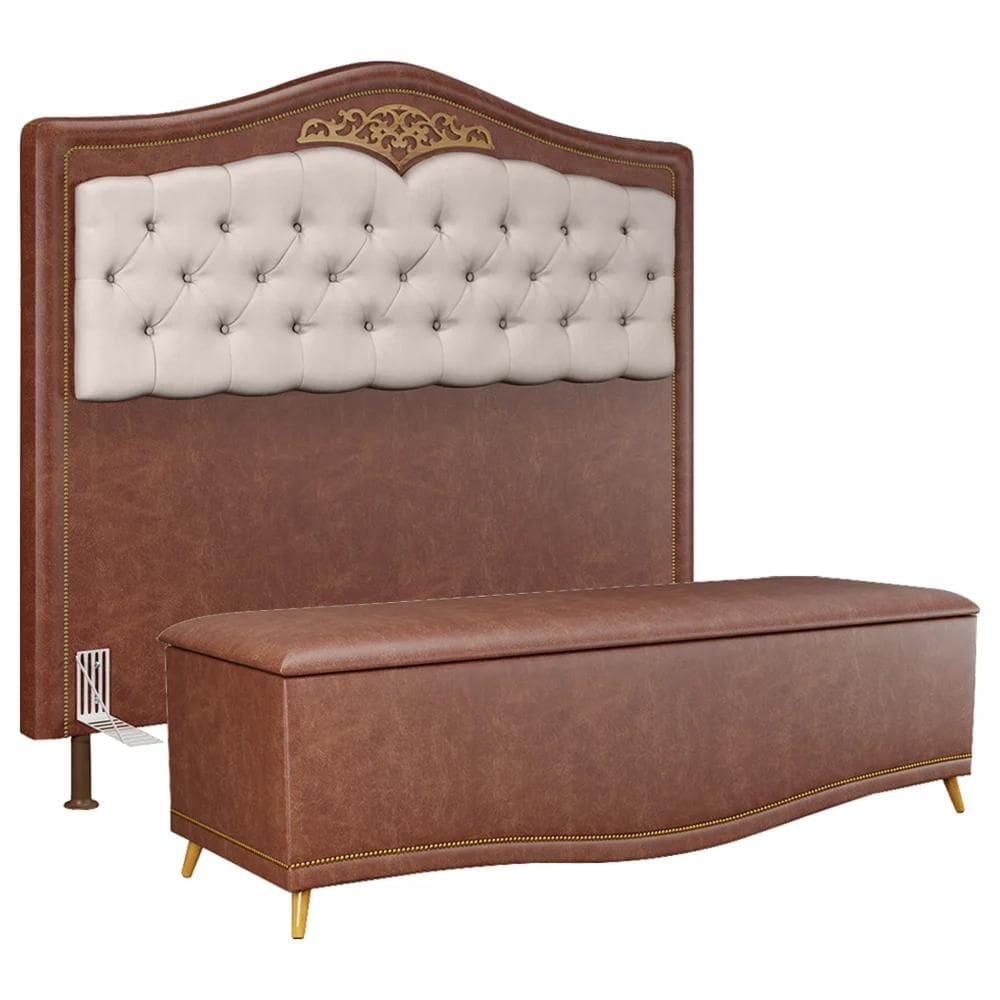 Cabeceira Cama Box Casal King 195cm com Calçadeira Baú Imperial J02 Facto Marrom/Bege - Mpozenato