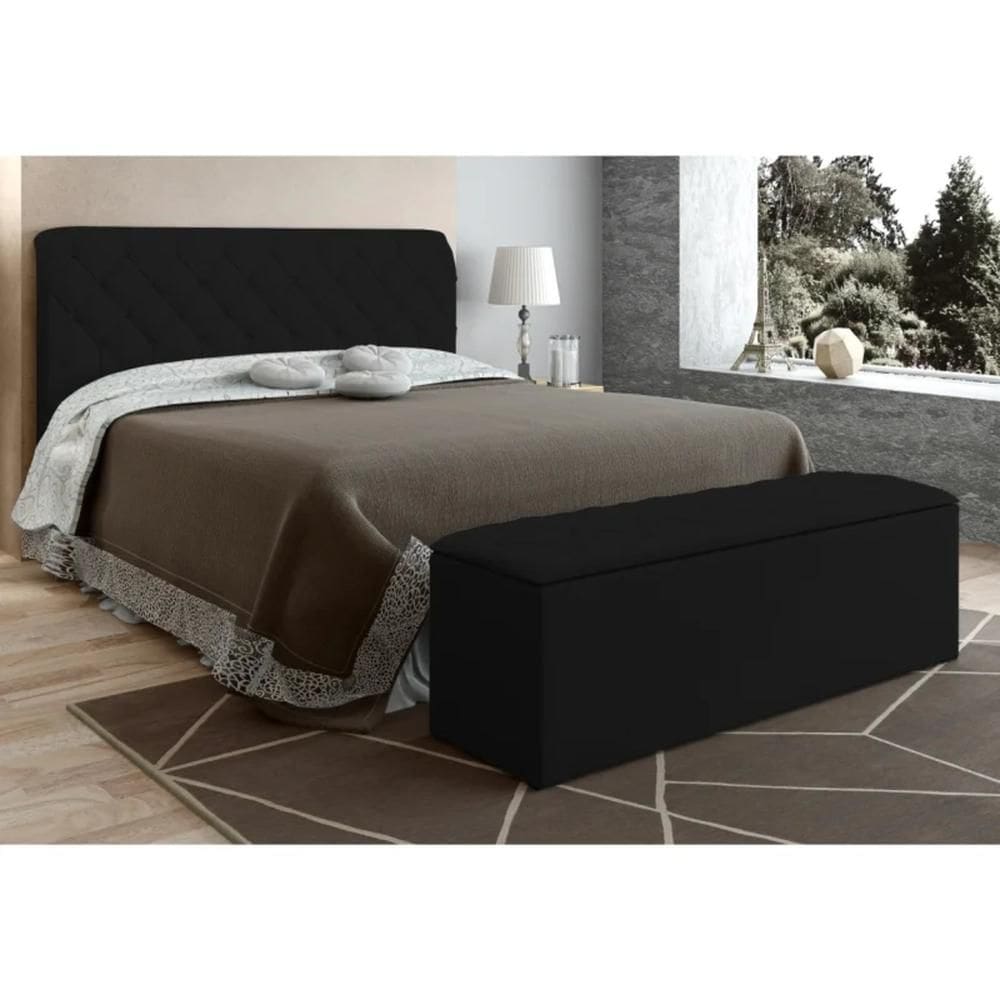 Cabeceira Cama Box Casal Queen 160cm com Calçadeira Baú Paris Veludo Preto - Js Móveis