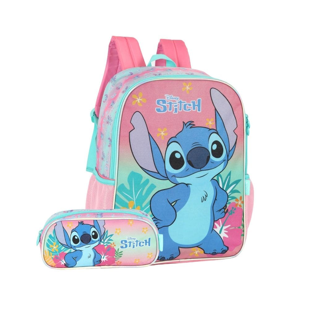 Mochila e Estojo Stitch Glitter Disney Meninas Escolar