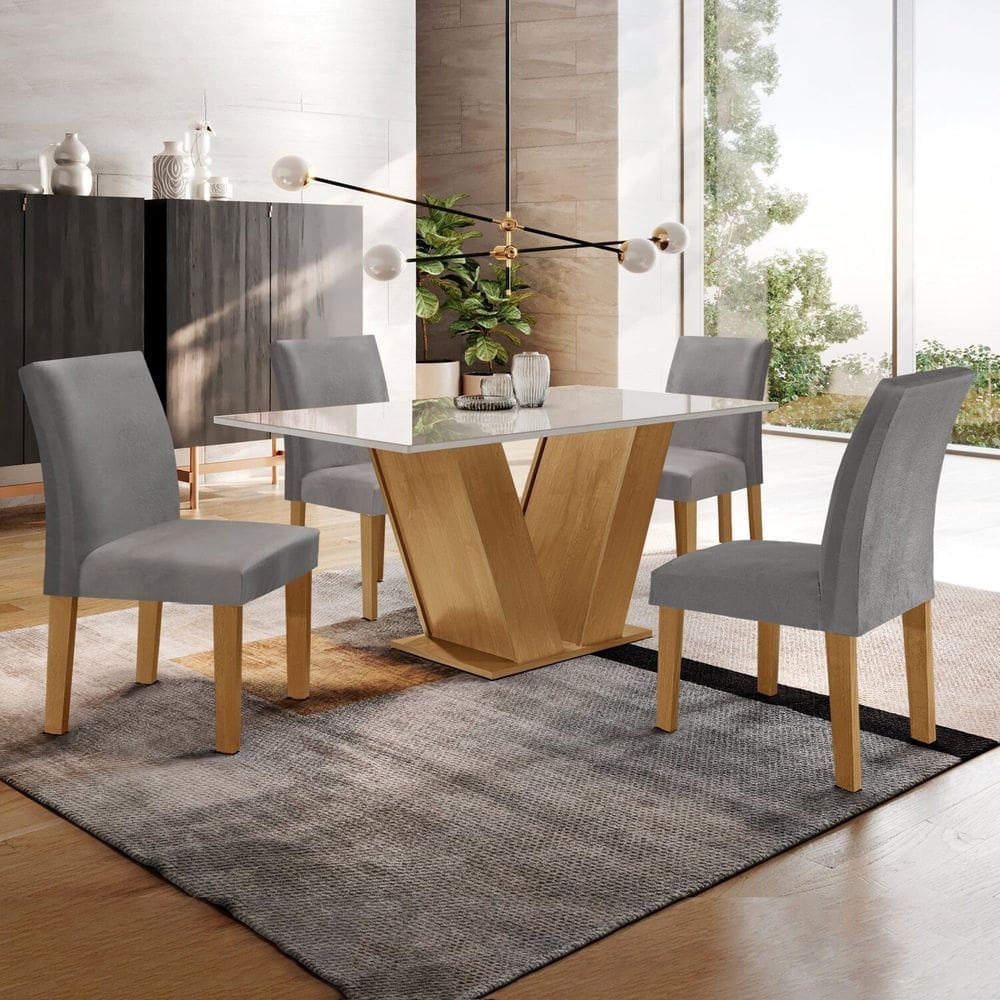 Conjunto Sala de Jantar Mesa Tampo de Vidro 4 Cadeiras Espanha Yescasa Cinamomo/Off White