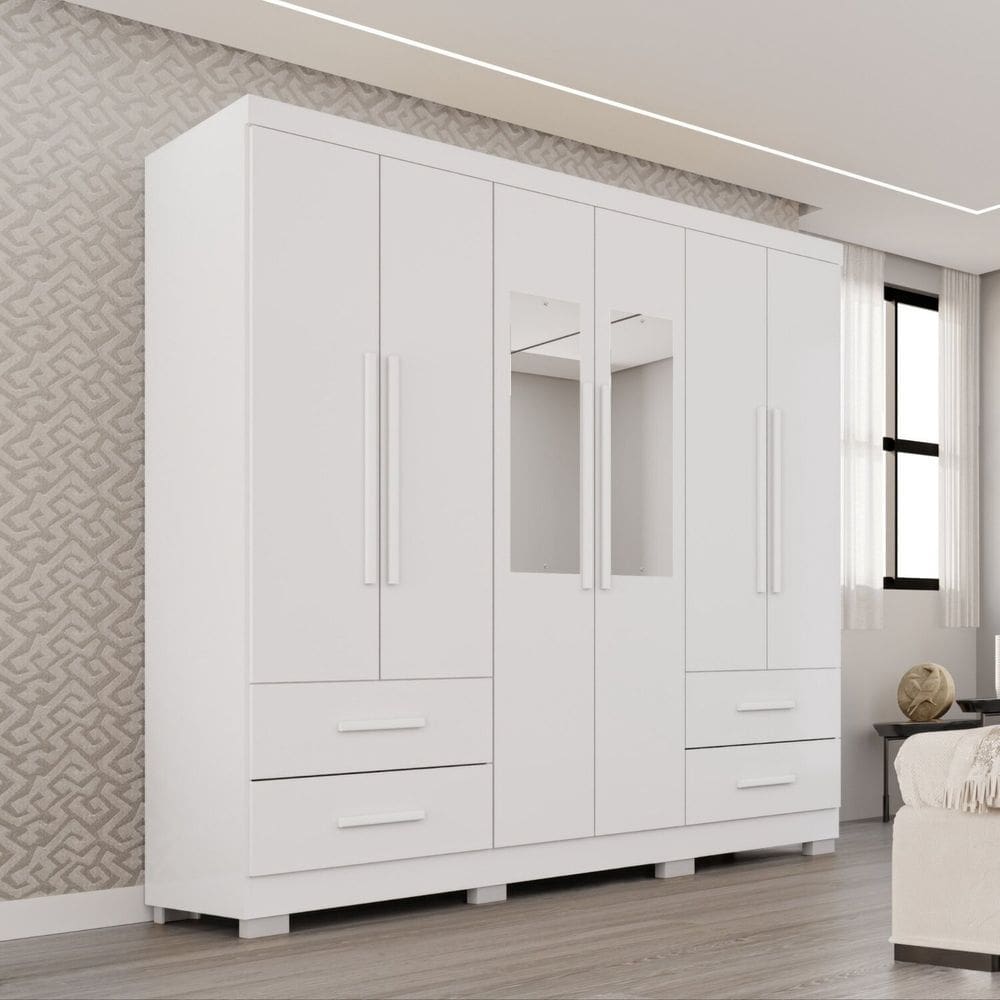 Guarda-roupa Casal com Pés e Espelho 6 Portas 4 Gavetas Texas Premium Branco