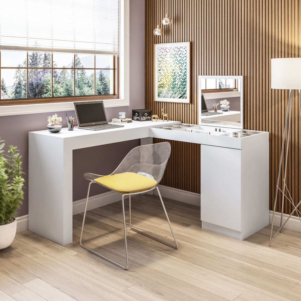 Penteadeira e Escrivaninha Organizadora de Canto Star Com Espelho Makeup Cor Branco Liberty Móveis