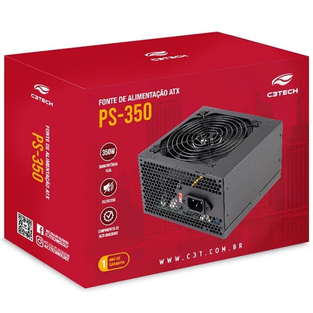 Fonte ATX 350W PS-350BK Preta C3 TECH sem Cabo