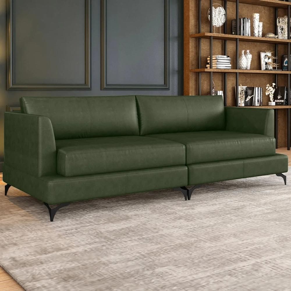 Sofá 4 Lugares Living 270cm Pé Ferro Soren Couro Verde Z55 - Mpozenato