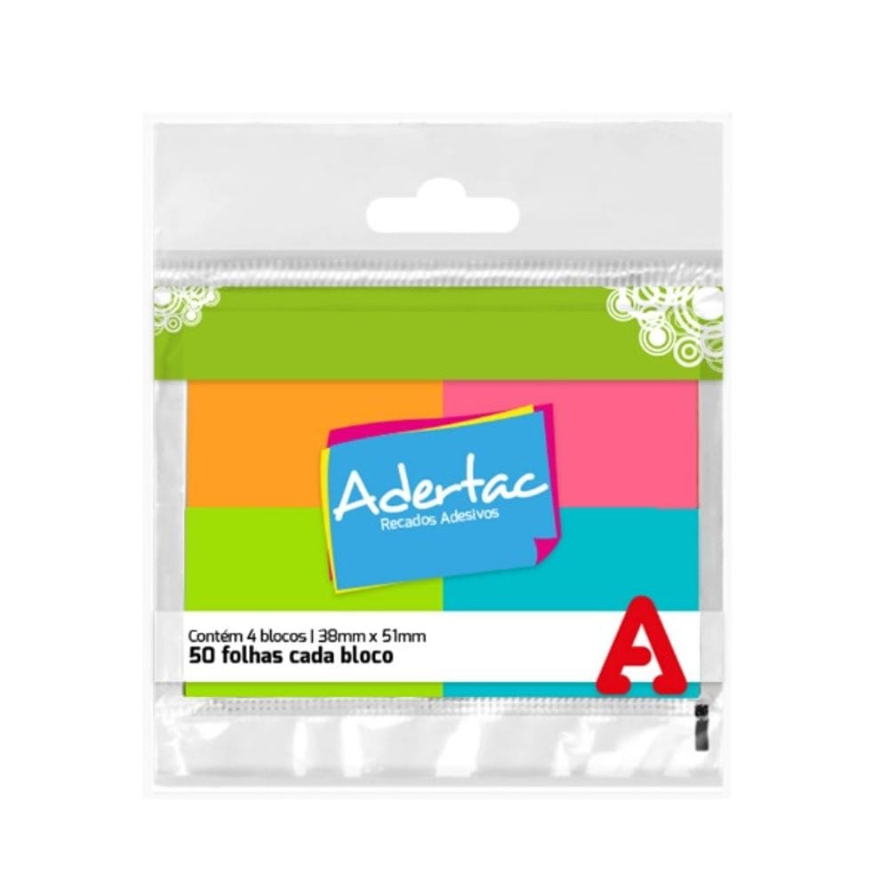 Bloco de Notas Adesivo Adertac Neon 38MM X 51MM 4 Blocos de 50 Folhas