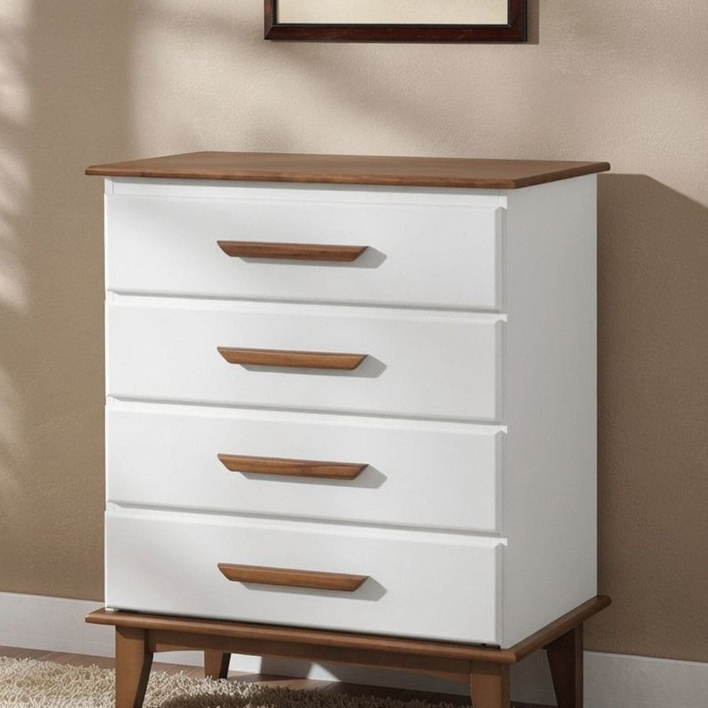 Cômoda 4 Gavetas 100% Madeira Maciça Pinus Branco/Castanho