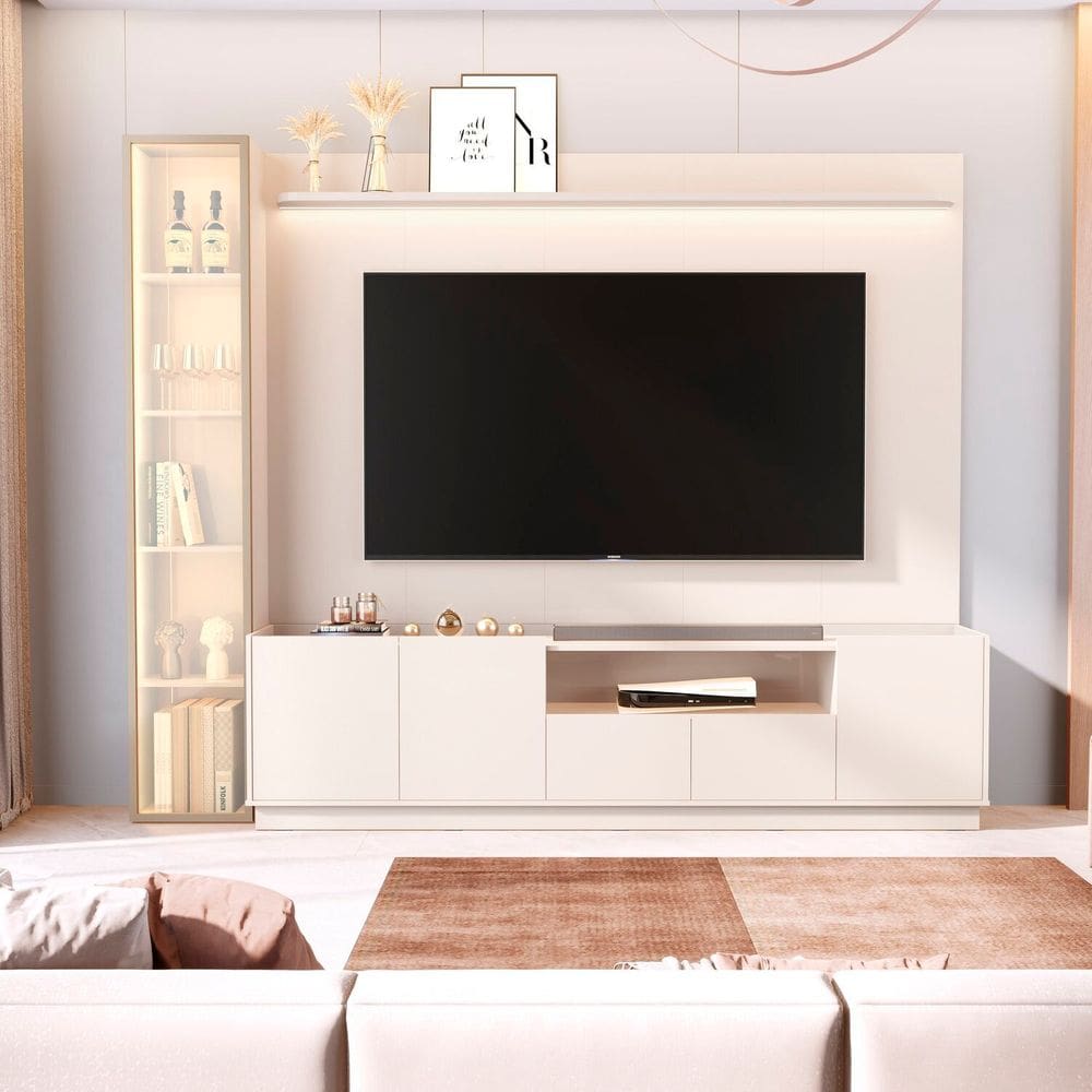 Rack com Pinel para Tv 84 Polegadas Porta Reflecta Led 100% Mdf Vitoria Regia Off White