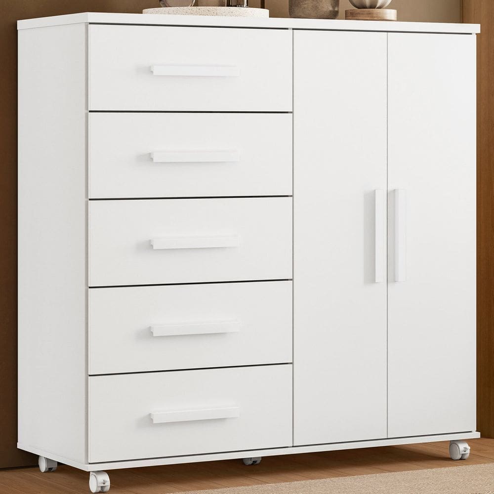 Cômoda 05 Gavetas e 02 Portas com Rodízios Toronto Branco