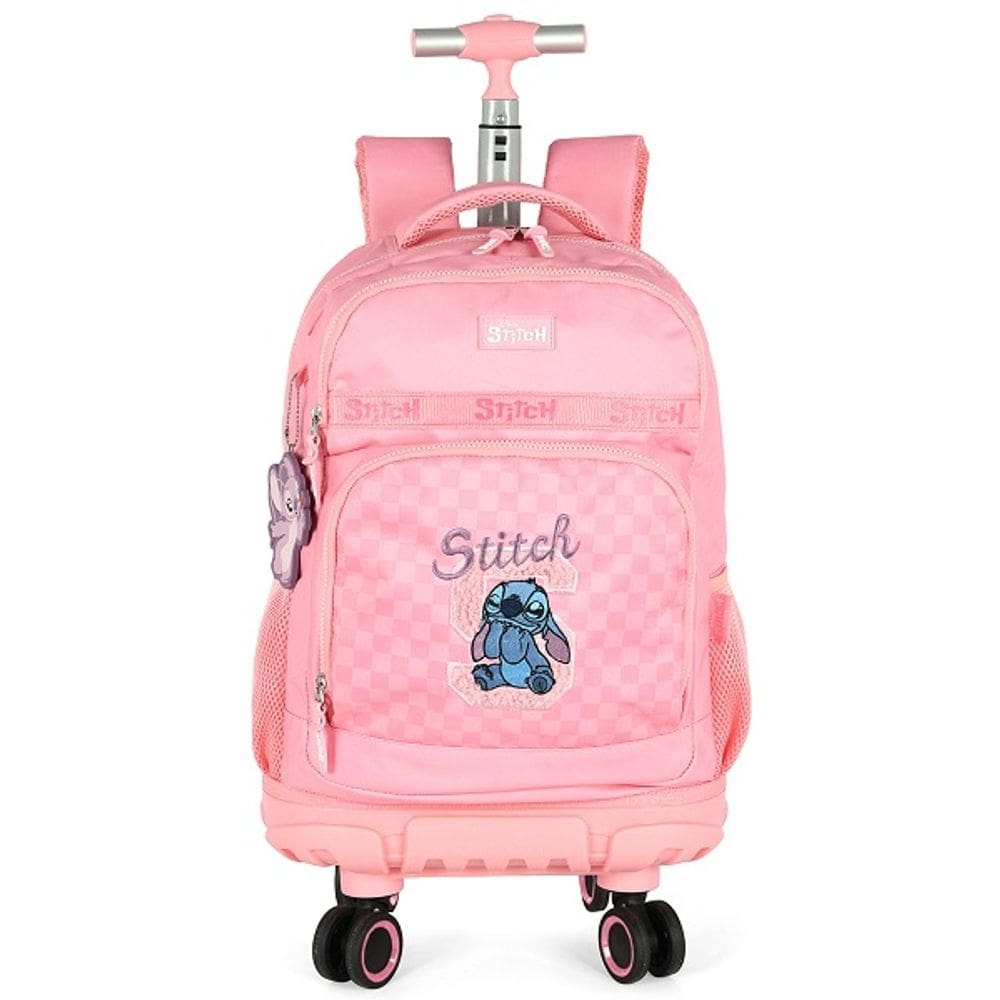 Mochila Escolar de Rodinhas STITCH Xadrez Rosa Luxcel